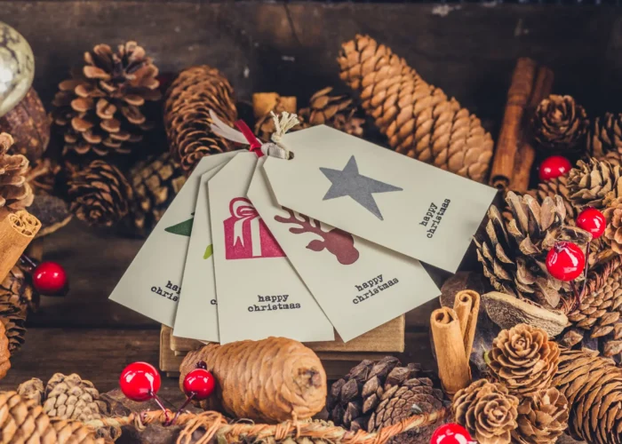 Premier Staff team members displaying festive Christmas-themed gift tags among pinecones, cinnamon sticks, and red berries, capturing the essence of holiday decorations.