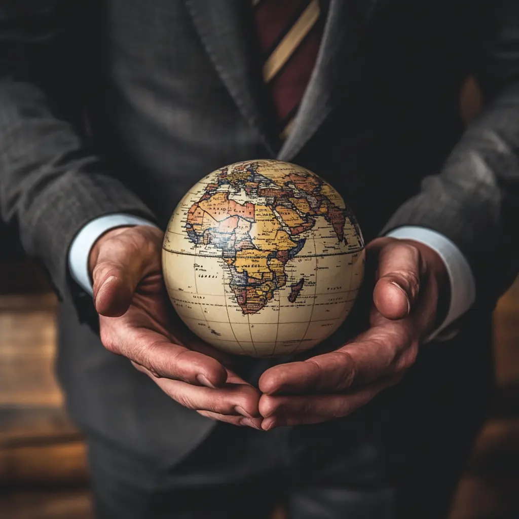 A person in a suit holds a globe, symbolizing global brand identity and the importance of authenticity in today’s competitive business landscape.