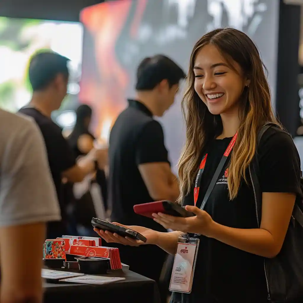 brand ambassador engages with visitors at a bustling event booth, exuding warmth and approachability, exemplifying key traits for success in the role.