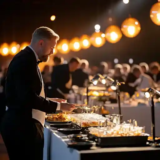 event catering staff setting up buffet plating