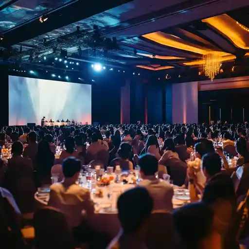 A large corporate event with a presentation screen and a fully seated audience, creating an immersive experience with customized lighting and décor