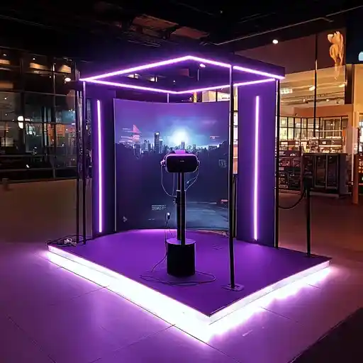 a virtual reality (VR) booth setup at an event, featuring a dark, neon-lit structure with a VR headset and screen, ready for immersive brand experiences