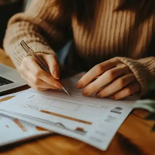 Close-up of a person reviewing contracts and making notes, emphasizing strategic negotiation with vendors to secure valuable event partnerships