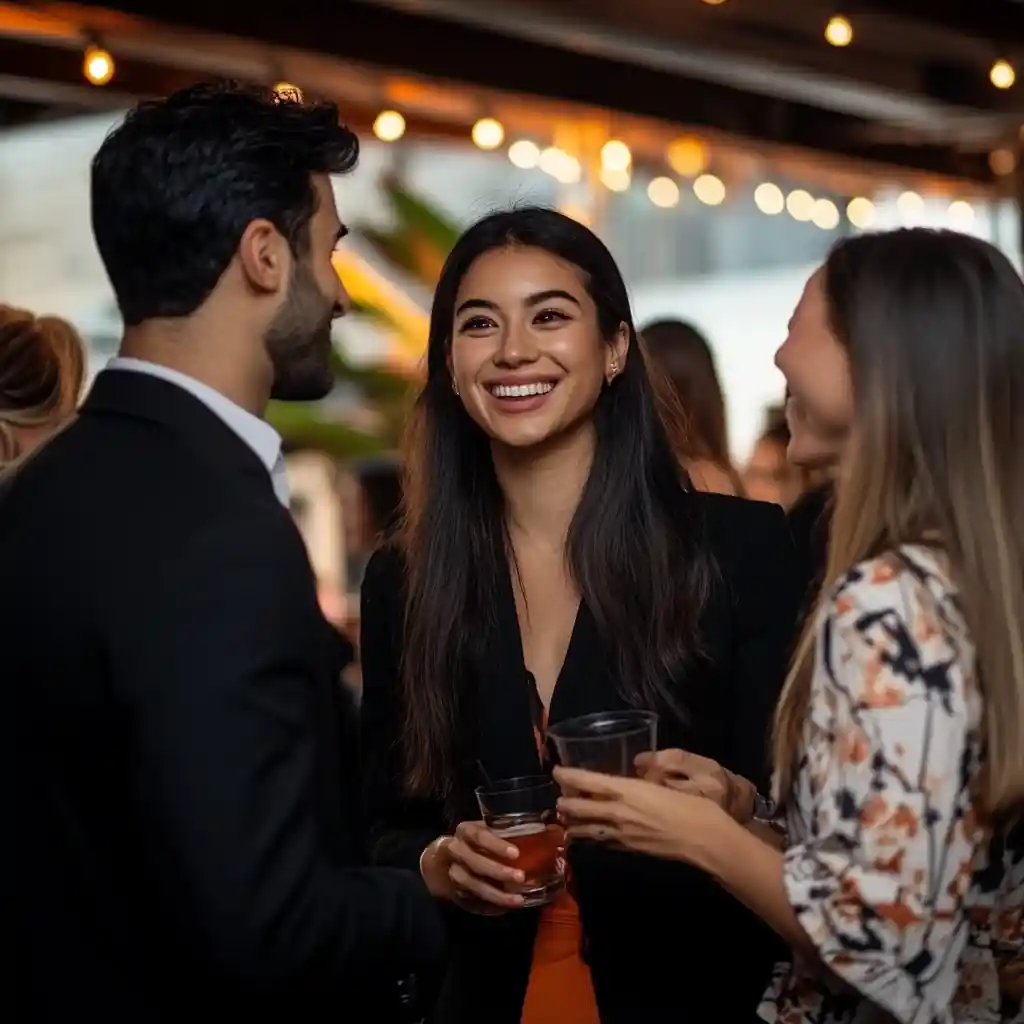 A smiling woman engaged in a lively conversation at a networking brand ambassador mixer, holding a glass and standing among two other people.