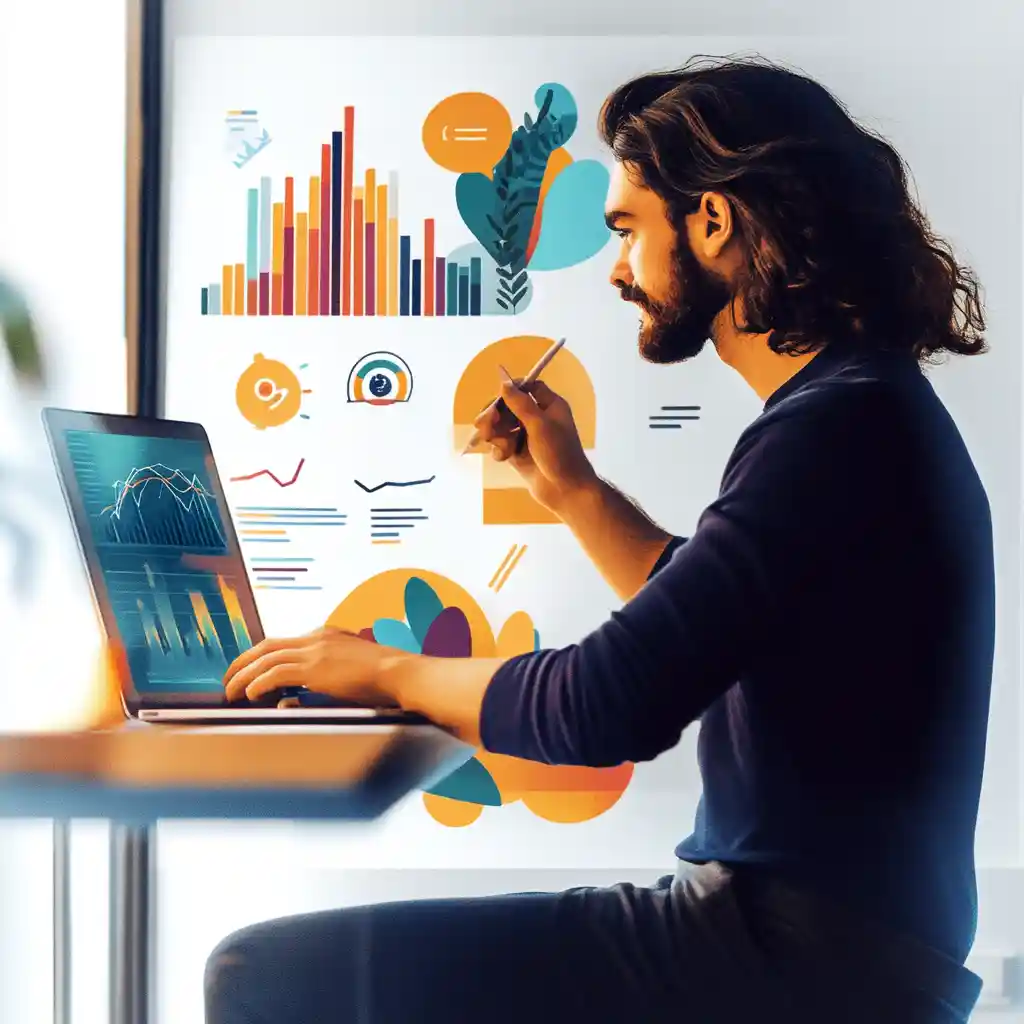 A brand ambassador working on a laptop with vibrant graphs in the background, symbolizing effective communication through visual data.