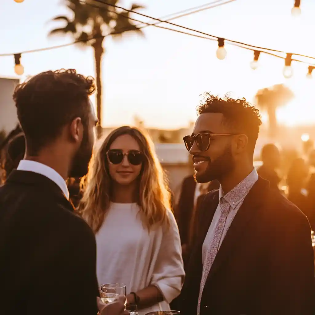 People networking at a outdoor corporate party as they discuss strategies for brand promotion