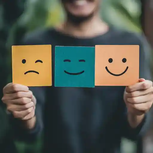 Smiling person holding three cards with different facial expressions, representing varied attendee feedback