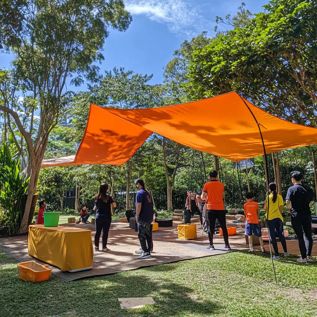 office team setting up camp for a outdoor activities corporate party