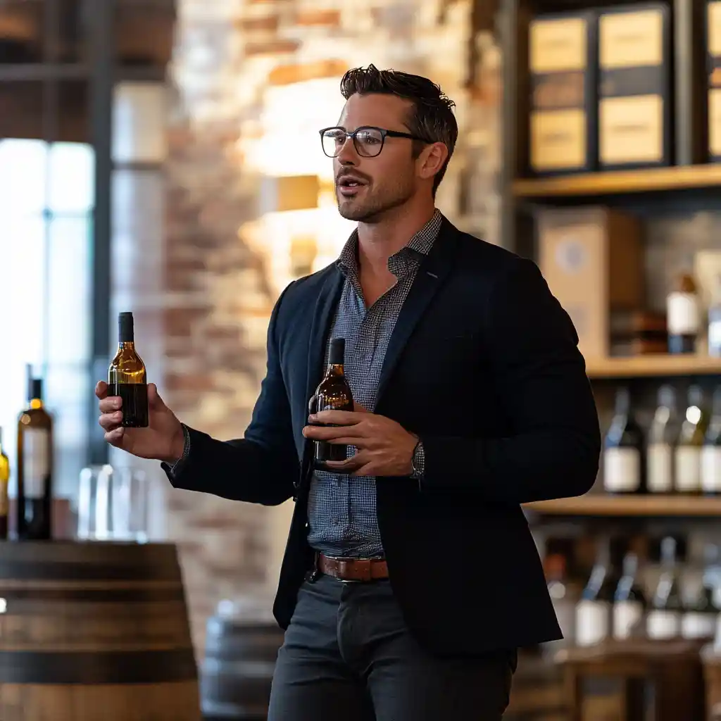 A stylish professional speaks enthusiastically while holding two bottled drinks, exemplifying the role of technology in enhancing real-time engagement for brand ambassadors