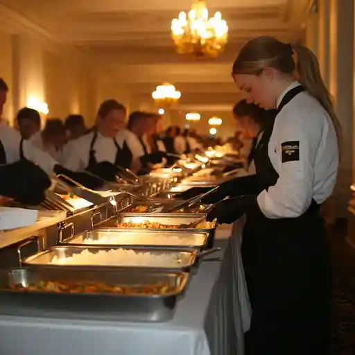 catering team setting up seafood at a buffet station