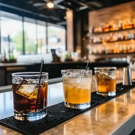 a bunch of cocktails sitting on a bar counter