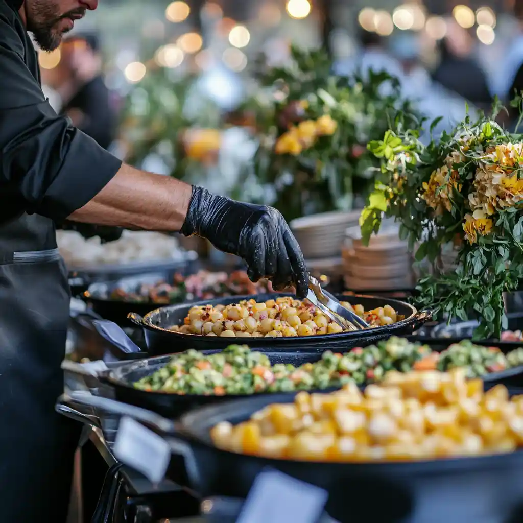 catering staff setting up salads and starters at a event buffet