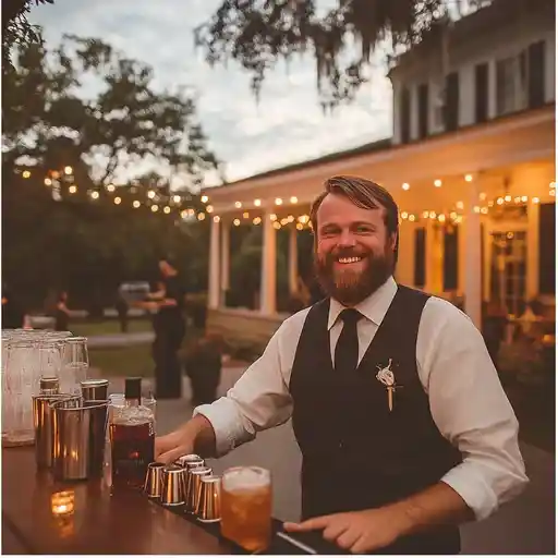 wedding bartender standing near a classic southern outdoor wedding venue