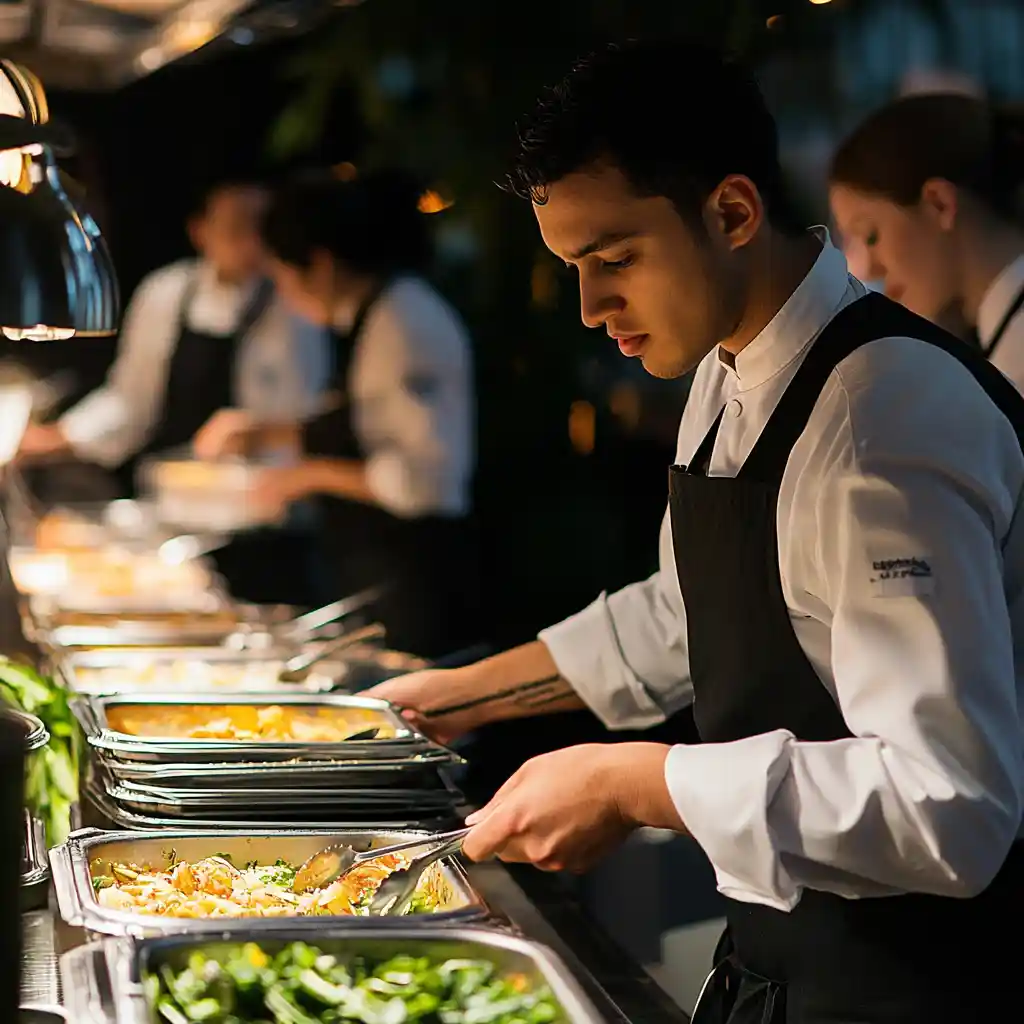 catering staff manning buffet main course holders