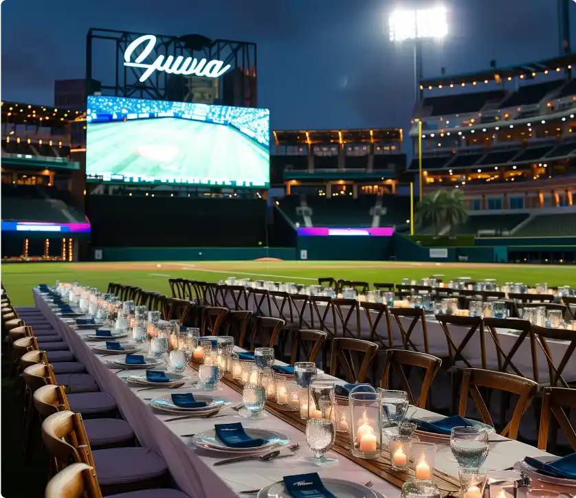 Premier Staff's elegant dining arrangement on a stadium's baseball field, with long tables adorned with plates, glasses, and candles, creating a unique event setting under the stadium lights.